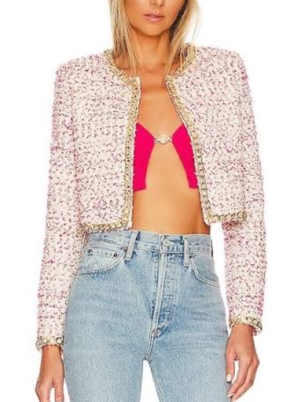 KIDMAN CROPPED JACKET IN OFF WHITE & RASPBERRY Alice + Olivia